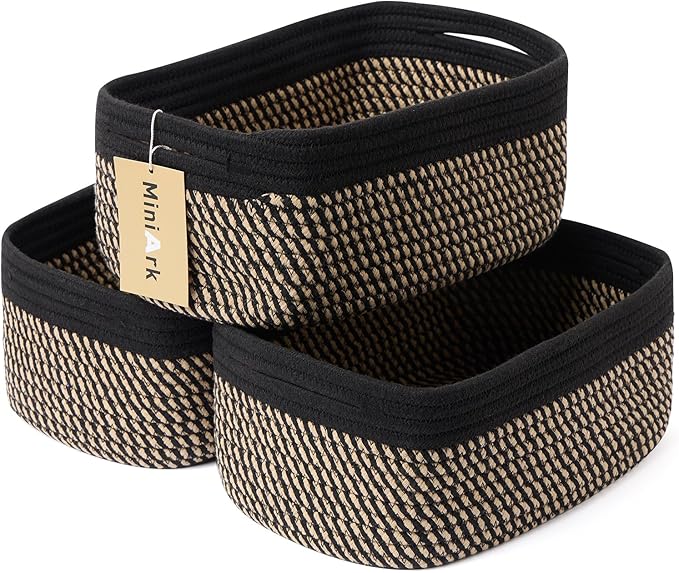 Small Storage Baskets for Organizing | Closet Organizer Bins | Shelf Toy Basket | Woven Rope Baskets | Cube Decorative Box | Shallow Basket | 13x8.5x5.1” | 3 Packs Black Brown-Ruum Studio Home