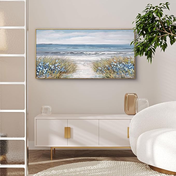 XLSJERST Framed Wall Art for Bedroom Decor - Farmhouse Boho Beach Coastal Vintage Floral Ocean Wall Picture Daisy Flowers Sea Canvas Print Nautical Neutral Seascape Artwork for Home Living Room-Ruum Studio Home