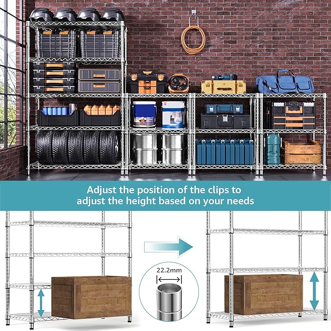 1750 LBS Storage Shelves 5-Tier Utility Shelving Unit Steel Organizer Wire Rack for Home,Kitchen,Office,Garage, Capacity 17.7" D x 47.2" W x 72.3" H-Ruum Studio Home