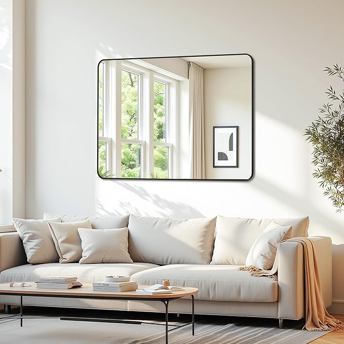 Bathroom Mirror 48" x 36", Large Rectangle Wall Mirror, Black Metal Frame Wall Mounted Mirrors for Bathroom, Vanity, Bedroom, Entryway Decor(Horizontal/Vertical)-Ruum Studio Home