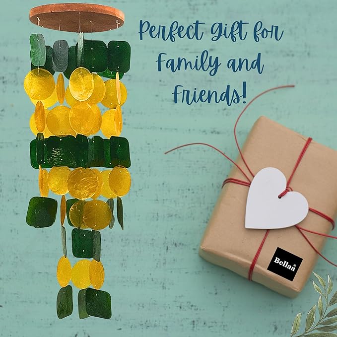 Bellaa 24896 Wind Chimes Outdoor, Garden Decorations, Musical, Indoor/Outside Windchimes, Beach, Ocean Breeze, Gifts for Mom, Gift for All Occasions, Capiz Sea Glass Shells Wood Yellow Green-Ruum Studio Home