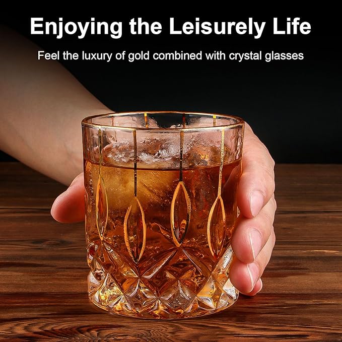 Gold Rim Whiskey Glasses Set of 2,Crystal Old Fashioned Glasses-Luxury Gold Collection,Perfect for Scotch Bourbon Rocks Cognac Vodka Gin Tequila Rum Liquor,Whiskey Gifts for Men-Ruum Studio Home