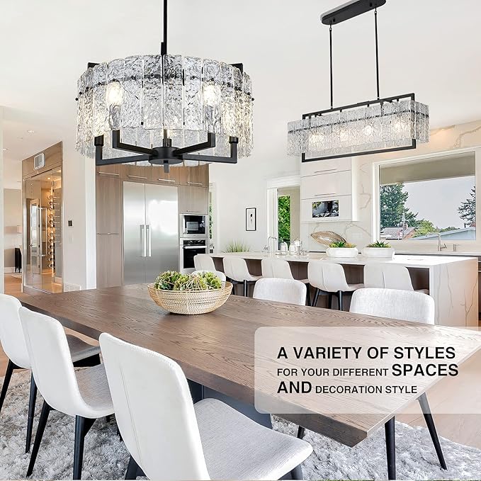 IKK Modern Black Crystal Chandeliers for Dining Room, Luxury Water Ripple Glass Light Fixture, Elegant Farmhouse Round Lighting for Kitchen Island, Bar Table, D20-Ruum Studio Home