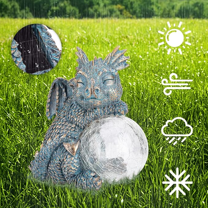 WONDER GARDEN Dragon Statue - Sleeping Dragon Figurines Solar Light Resin Garden Statues with Crackled Glass Globe Outdoor Waterproof Lawn Ornament Decor-Ruum Studio Home
