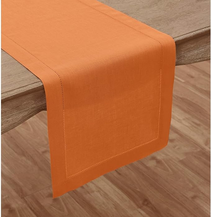 Solino Home Linen Pumpkin Table Runner 120 Inches Long - 100% Pure Linen Hemstitch 14 x 120 Inch Table Runner for Dining, Fall, Autumn, Halloween, Thanksgiving - Classic Hemstitch-Ruum Studio Home