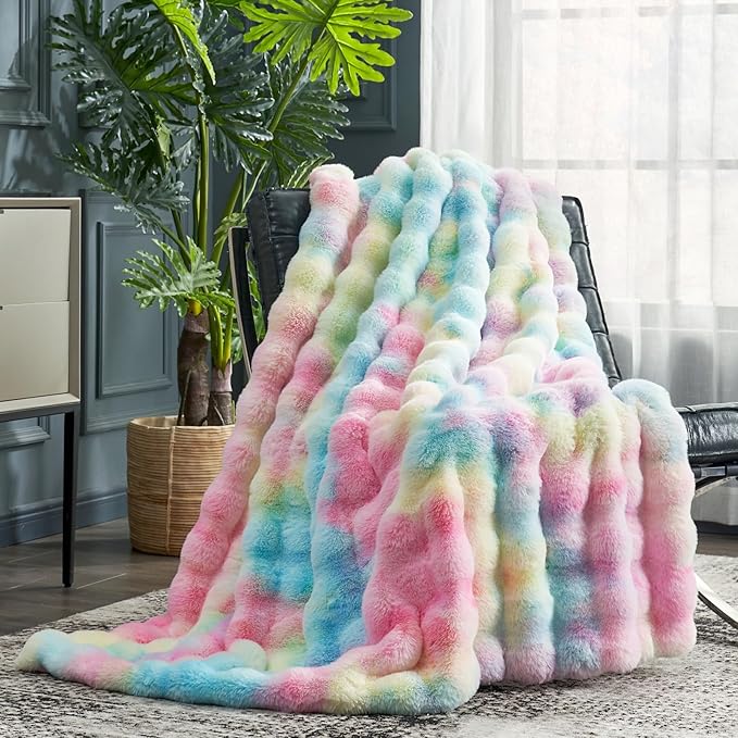Cozy Bliss Faux Fur Throw Blanket for Couch, Fuzzy Soft Plush Thick Bubble Blanket for Sofa Bedroom Living Room,50 * 60 Inches Tie-dye Rainbow-Ruum Studio Home