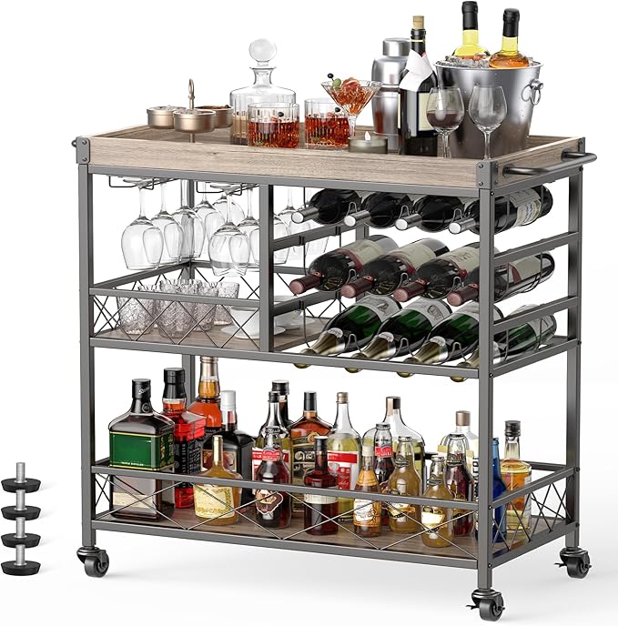 Gizoon Rolling Bar Cart, a Versatile Beverage Cart with a Removable Tray, 12-Bottle Wine Rack, and Glass Holder, The Bar Cart is Perfect for Kitchen, Dining Room, or Outdoor Use (Gray)-Ruum Studio Home