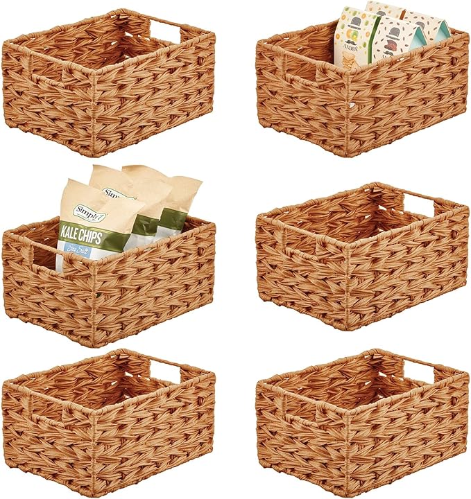 mDesign Woven Farmhouse Kitchen Pantry Food Storage Organizer Basket Bin Box - Container Organization for Cabinets, Cupboards, Shelves, Countertops - Store Potatoes, Onions, Fruit, 6 Pack, Camel Brown-Ruum Studio Home