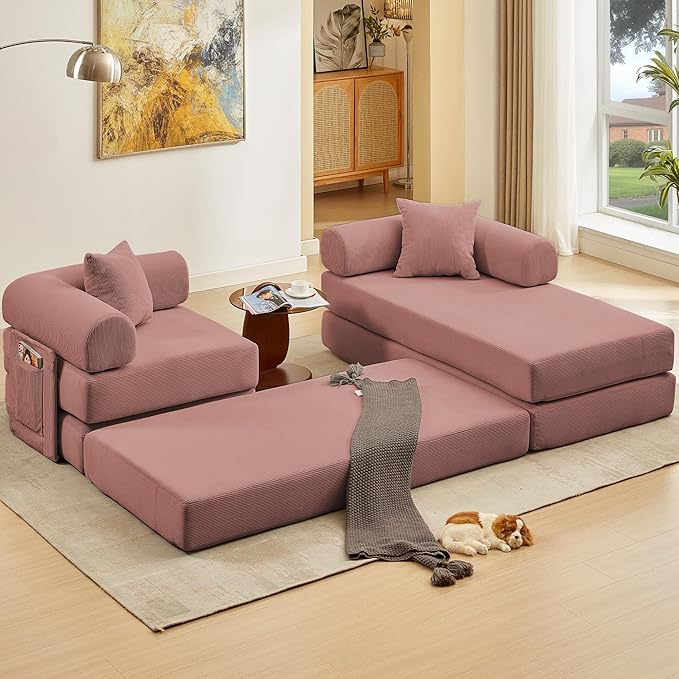 107" Oversized Convertible Sleeper Sofa Bed, Corduroy L Shape Sectional Couch, Folding Sofa Bed with Side Pocket, Modern Cloud Floor Mattress Couch, Modular Sofa for Living Room, Pink-Ruum Studio Home