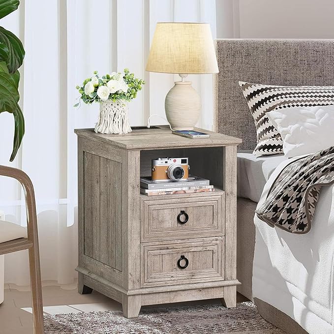 18" Farmhouse Night Stands Set of 2 with Charging Station, 2 & 3 Drawers End Table Dresser for Bedroom, Oak Wooden Nightstand, Bed Side Table with Open Shelf, Bedside Cabinet for Living Room-Ruum Studio Home