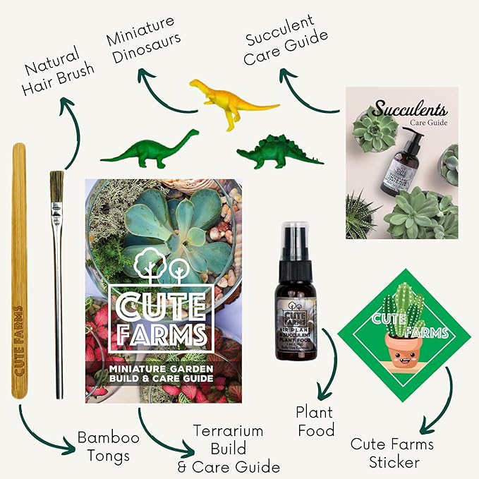 Cute Farms Terrarium Starter Kit | Moss, Vermiculite, Soil, Pebbles, Plant Food, Finishing Tools, Build and Care Guide | DIY Succulent Terrarium for Adults and Kids (Small)-Ruum Studio Home