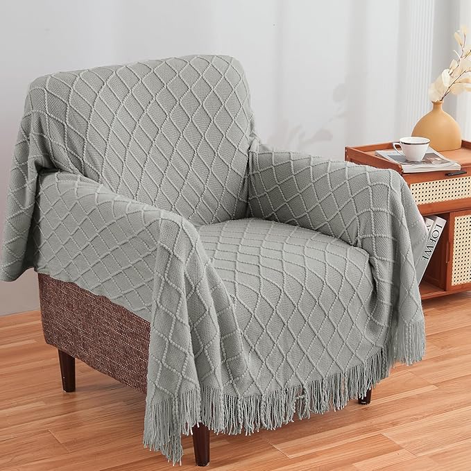 inhand Knitted Throw Blankets for Couch and Bed, Soft Cozy Knit Blanket with Tassel, Light Grey Lightweight Decorative Blankets and Throws, Farmhouse Warm Woven Blanket for Men and Women, 50"x60"-Ruum Studio Home