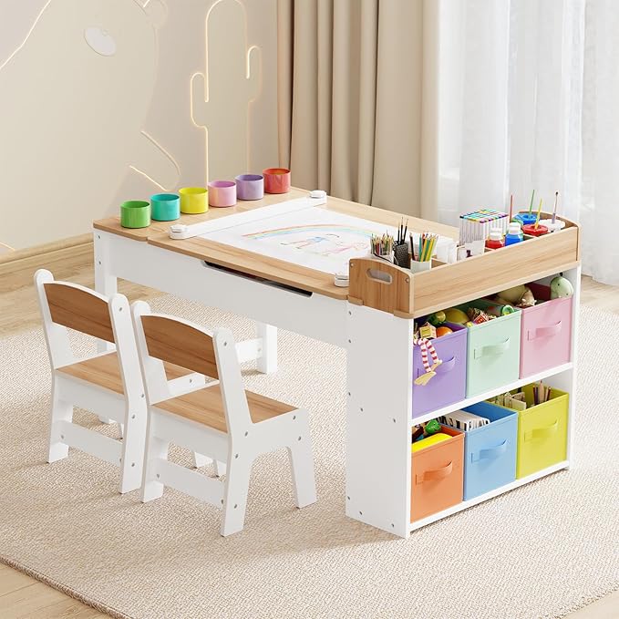 Kids Art Table and Chair - Toddler Craft Table and Chairs Set with 2 Chair & Bins, Kids Activity Desk with Paper Roll for Playrooms & Classroom, 44" L x 24" W, Natural-Ruum Studio Home
