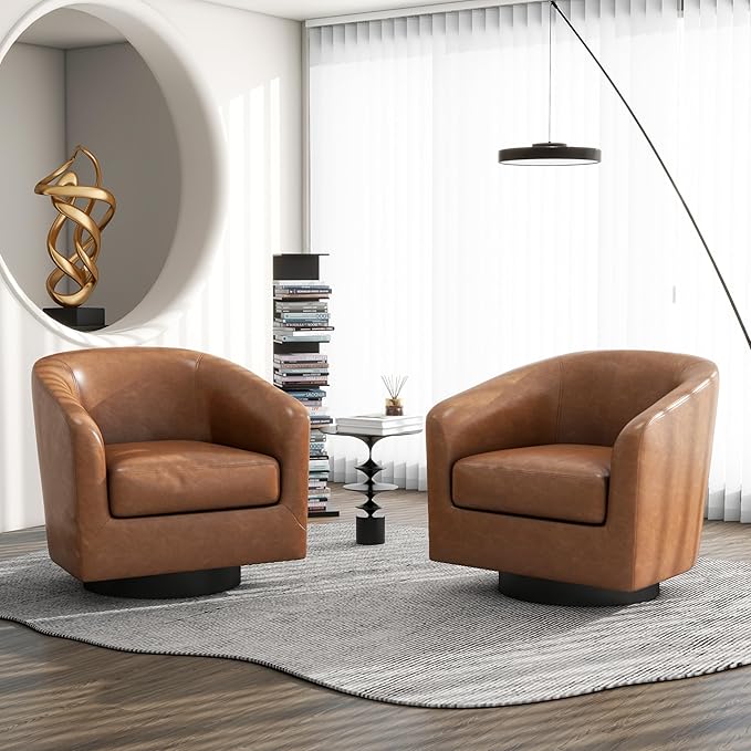 Swivel Barrel Accent Chair, Modern Round Faux Leather Arm Chair for Living Room, Bedroom, Comfy Club Reading Chairs for Adults, Faux Leather Brown, Set of 2-Ruum Studio Home