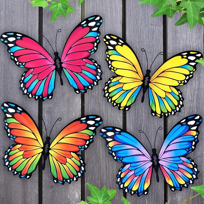 Oraytteo Metal Butterfly Wall Outdoor Decor - 4pcs 9.8inch Hanging Butterflies Wall Art Sculptures for Indoor and Outdoor Fence Patio Yard Home Wall Decorations, Gift for Mom Dad Friends-Ruum Studio Home