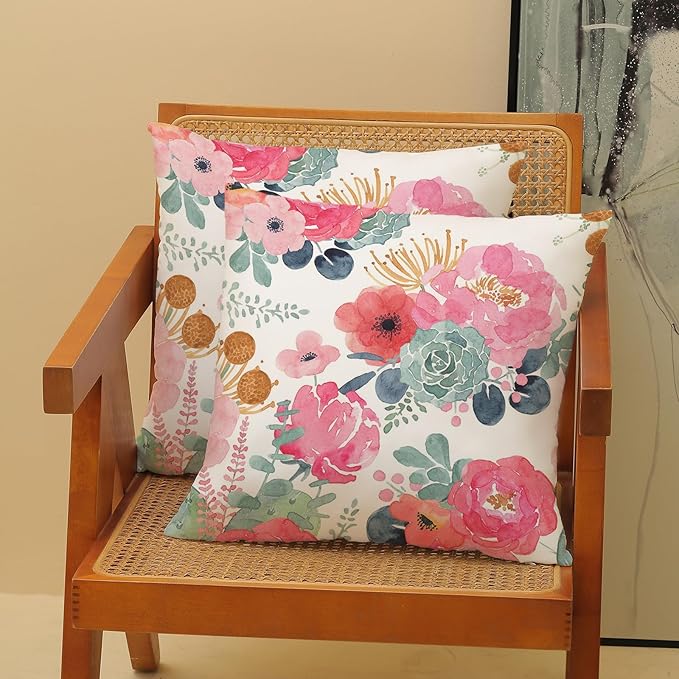 CXMEIFLY Spring Floral Pillow Covers 22 x 22 Inch Set of 2 for Watercolor Pink Flowers Decor Throw Pillows Green Leaves Plant Outdoor Decorative Cushion Cases with Zipper for Couch Bed Decorations-Ruum Studio Home