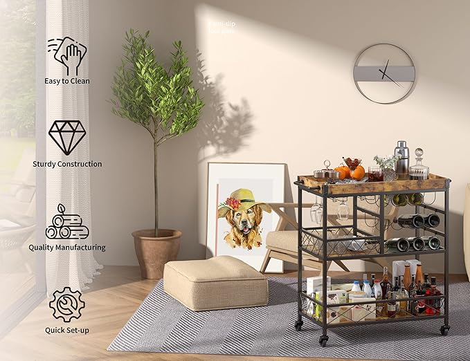 Gizoon Bar Cart, 3 Tier Coffee Cart with Lockable Wheels, 12-Bottle Wine Rack, and Hanging Glass Holder, Kitchen Rack with Removable Tray, for Kitchen, Dining Room, Entertaining, Club Party,Retro-Ruum Studio Home