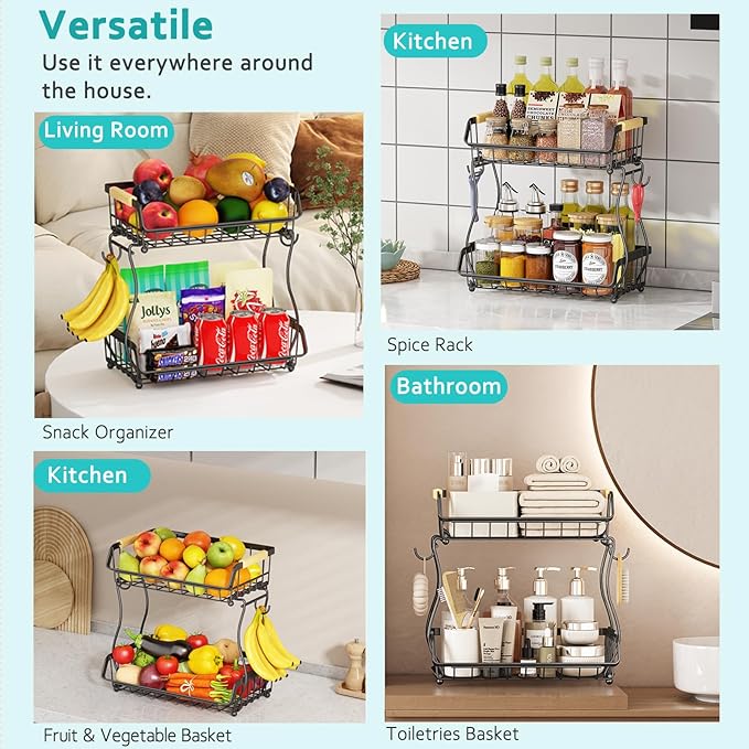 2 Tier Fruit Basket with 2 Banana Hangers, Detachable Countertop Fruit Bowls for Kitchen Counter, Metal Wire Fruit Vegetable Storage Holder Stand with Wooden Handles for Bread, Snacks, Veggies-Ruum Studio Home