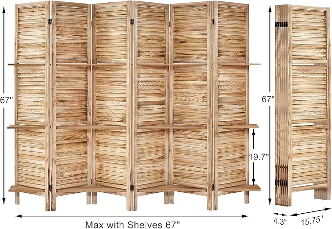 Room Divider with Shelves, Privacy Screen, Room Dividers and Folding Privacy Screens, 6 Panel Wood Temporary Wall Partition Separation Separator, Natural-Ruum Studio Home