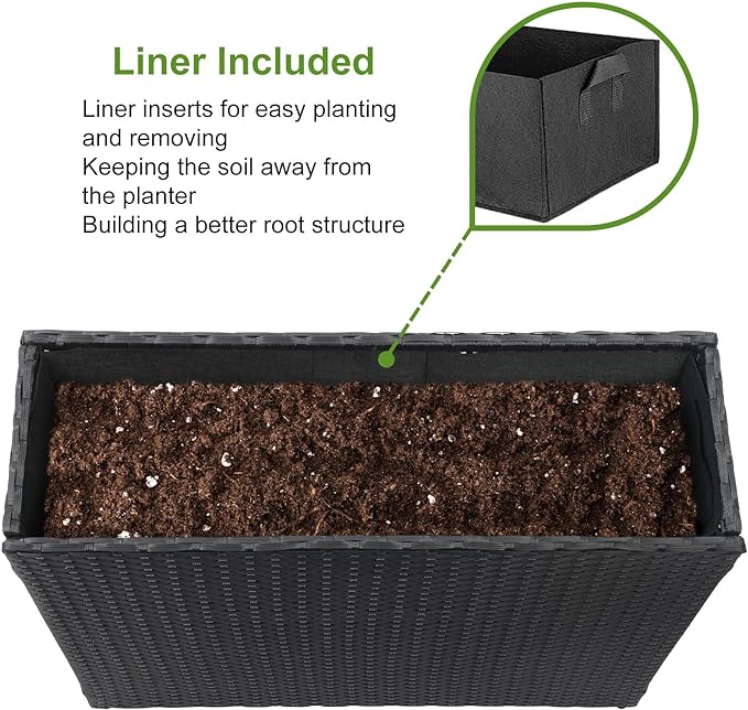 LEWIS&WAYNE Tall Planters for Outdoor Plants Handmade Wicker Large Rectangular Block Planter Box with Removable Liners Modern Planter for Indoor Outdoor Patio Deck - Black-Ruum Studio Home