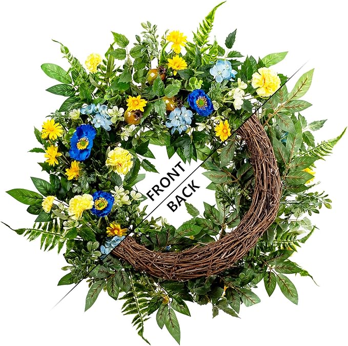 WANNA-CUL 24 Inch Spring Summer Carnation Wreaths for Front Door, Spring Front Door Wreath with Blue &Yellow Flowers Door Wreath with Pomegranates,Daisy for Wedding-Ruum Studio Home