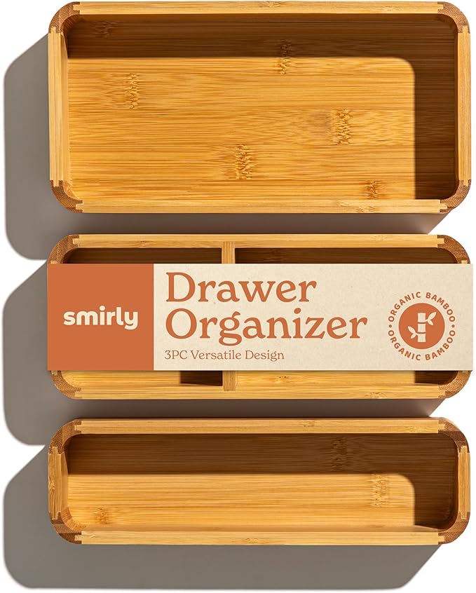 SMIRLY 3-Piece Bamboo Kitchen Drawer Organizer Set for Large and Small Utensils, Multi-use Storage Box - Bathroom, Nightstand, Jewelry, Cutlery, Knife, Spice, Towel, Junk Drawer Tray-Ruum Studio Home