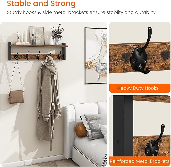 Homode Coat Rack with Wall Mount, 24 Inch Long Entryway Wall Shelf with Hooks, Wood Hanger with Storage Shelf for Bathroom, Hallway, Rustic Brown Black-Ruum Studio Home