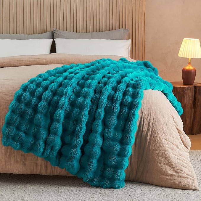 Lotus Karen Faux Fur Throw Blanket Teal - Big Bubble Rabbit Fluff Blanket for Couch Bed Sofa,Softest Fluffy Fuzzy Cozy Blanket,Thick Furry Plush Shaggy Warm Blankets for Women,60x80 Inches-Ruum Studio Home