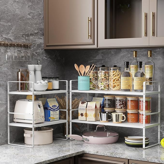 Hole Pattern Expandable Shelf Organizer,1Pack 10.2" Wide Easy to Assemble Cabinet Organizer Shelf, 16.5~27.1" Adjustable Height&Stackable Spice Organization for Cupboard, White-Ruum Studio Home