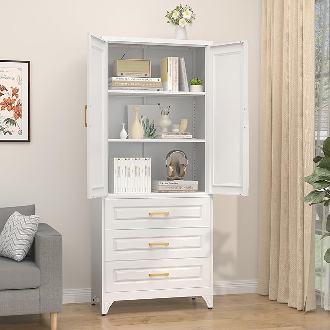 75" Kitchen Pantry Cabinet with 3 Drawer,Metal Storage Cabinets with Doors and 4 Adjustable Shelves,White Kitchen Cabinet with 2 Gold Handles,Food Cupboard for Livingroom,Pantry, Bathroom-Ruum Studio Home