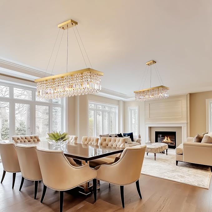 Modern Gold Crystal Chandelier,Rectangular K9 Crystal Raindrop Light Fixture,6 Light Rectangle Chandeliers for Dining Room Living Room Kitchen Island L31.5''xW10''xH10''-Ruum Studio Home
