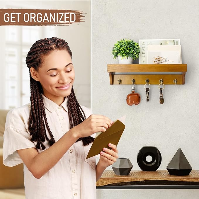 Rebee Vision Decorative Key Holder for Wall with Shelf: Farmhouse Mail Rack with 5 Sturdy Key Hooks for Home Decor, Apartment, Entryway and Hallway (Light Brown)-Ruum Studio Home