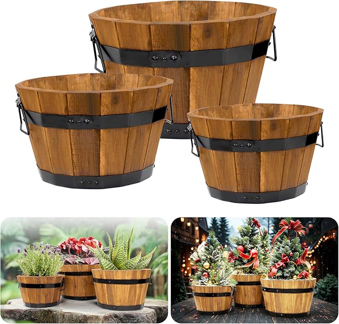Idzo Set of 3 Wooden Flower Boxes Outdoor, Durable Acacia Wood Barrel Planters for Outdoor Plants with Ergonomic Handles, Drainage Holes, Multiple Sizes Wood Bucket Planter Light Brown-Ruum Studio Home