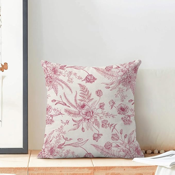 CXMEIFLY Hot Pink Spring Pillow Covers 18 x 18 Inch Set of 2 for Chinoiserie Flowers Decor Throw Pillows Floral Leaves Seasonal Plant Outdoor Decorative Cushion Cases for Couch Bed Decorations-Ruum Studio Home