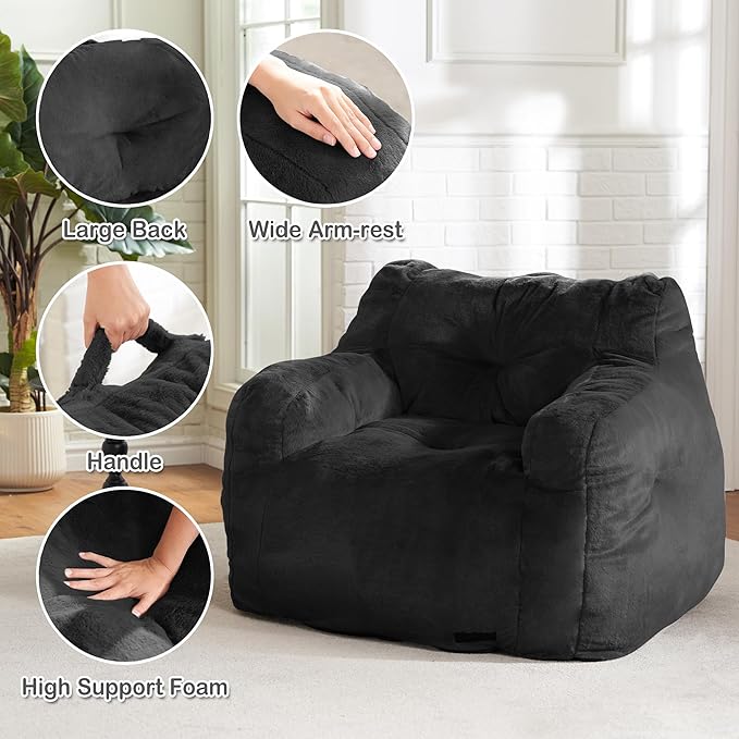 Hobestluk Bean Bag Chair for Adult Small Bean Bag Chairs with Arms Furry Beanbag Chair with Foam Filler Stuffed Bean Bag Sofa for Reading in Bedroom Living Room and Dorms (Black)-Ruum Studio Home