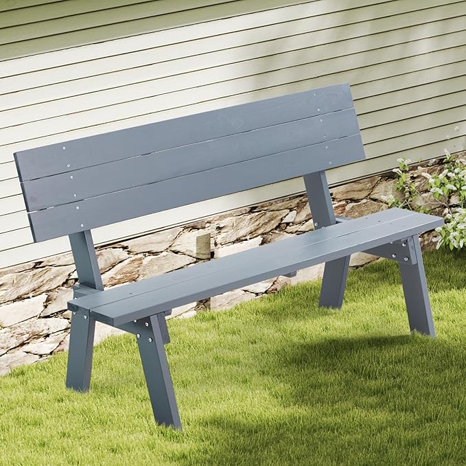 AVAWING Outdoor Convertible Wood Bench with Backrest, Patio Wood Convert a Bench, Space-Saving 2-in-1 Picnic Table Chairs Set for Backyard, Porch, Patio, Garden, Grey-Ruum Studio Home