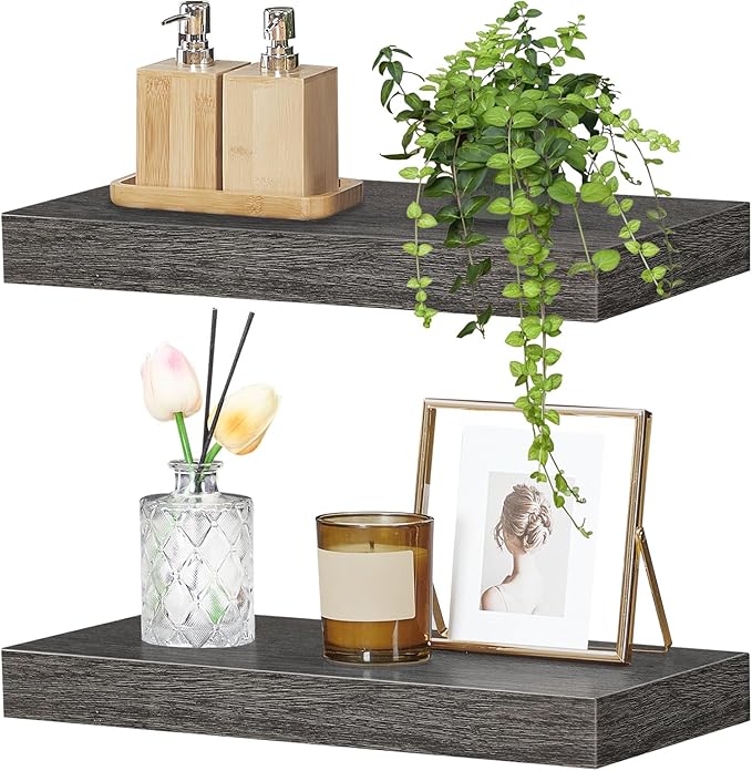 HOOBRO Floating Shelves for Wall, Wall Mounted Shelf Set of 2, 15.7" Hanging Shelf with Invisible Brackets, for Wall in Bathroom, Bedroom, Toilet, Kitchen, Living Room, Office, Charcoal Gray BC40BJ01-Ruum Studio Home