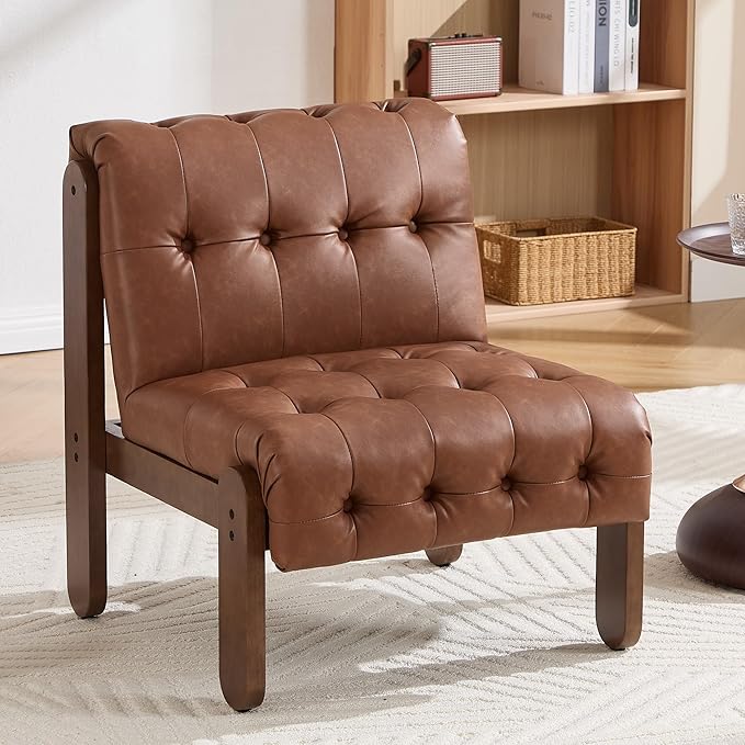 Modern Armless Accent Chair for Living Room, Brown PU Leather Button Tufted Upholstered Lounge Reading Chair with Walnut Wood Frame-Ruum Studio Home