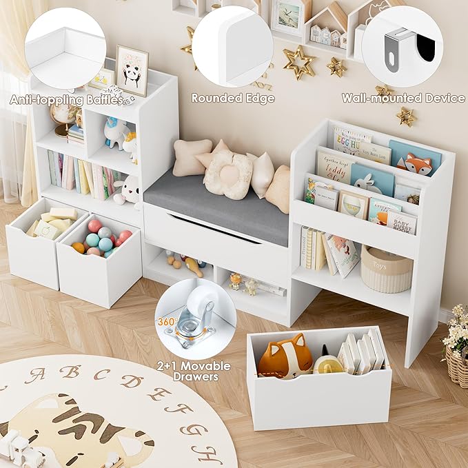 FOTOSOK 72” Kids Bookshelf with Reading Nook, Large Toy Storage Organizer with Seat Cushion and 3 Movable Drawers, Kids Reading Nook Toy Organizers and Storage with Bench for Living Room, White-Ruum Studio Home