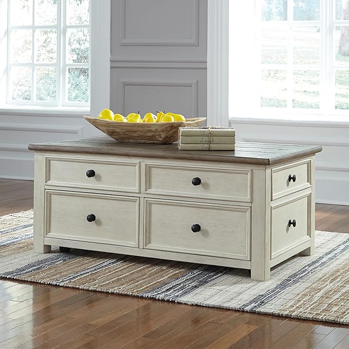 Signature Design by Ashley Bolanburg Farmhouse Lift Top Coffee Table with Drawers, Antique Cream & Brown-Ruum Studio Home