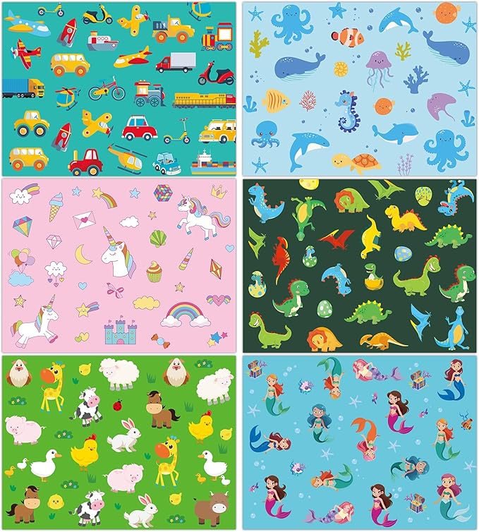 Unicorn Mermaid Kids Placemats Set of 6 Transport Dinosaur Plastic Table Mats Toddler Children Farm Ocean Animal Place Mats Washable Table Decoration for Indoor Outdoor Party Kitchen Dining-Ruum Studio Home