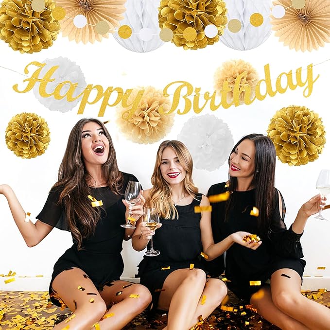 White-Gold Champagne Birthday Party-Decorations Paper-Flowers - 14pcs Happy Banner Engagement Honeycomb Tissue Pom Poms,Women Streamers Garland Beige Fans,21st 18th Girl Hanging Supplies Decor Hugfond-Ruum Studio Home