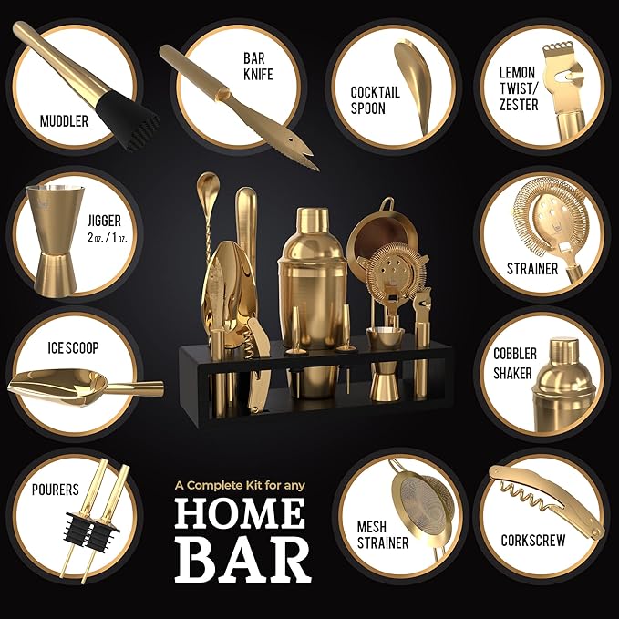 Highball & Chaser Bartender Kit with Espresso Bamboo Stand. Beautiful Cobbler Cocktail Shaker Set with Bar Tools Rustproof Stainless Steel Bar Set (Matte Gold)-Ruum Studio Home