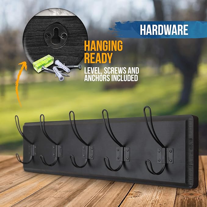 HBCY Creations Black Rustic Coat Rack Wall Mount with 5 Hooks, Solid Pine Wood 24 inch Wall Hooks for Entryway, Mudroom, Hallway, Bathroom - Vintage Farmhouse Style Wall Mounted Towel Rack-Ruum Studio Home