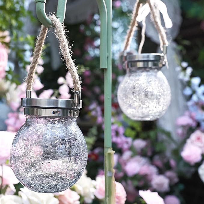 Cooo 6 Pack Heavy Crackle Glass Solar Lantern with 30 LED Firefly Lights– Waterproof Outdoor Hanging Lamp 215% Larger Solar Panel, Stainless Steel Lid Decorative Lighting for Garden Patio Table-Ruum Studio Home