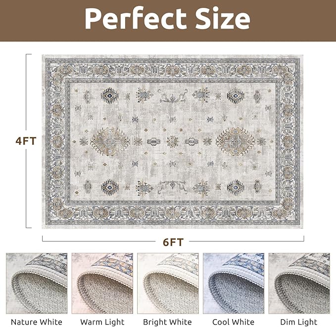 AMOAMI-Vintage Area Rug 4x6 Grey Rugs for Living Room-Soft Living Room Rug Non Slip Rugs for Bedroom Carpet Machine Washable Rug for Dining Room Bedside Office Room Decor-Ruum Studio Home