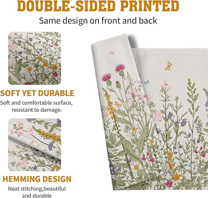 Rustic Wildflower Floral Placemats Set of 4 Spring Summer Vintage Flowers Plants Herbs Linen Table Mats 12x18 Inch Seasonal Flower Decorative Place mats for Farmhouse Kitchen Dining Decoration-Ruum Studio Home