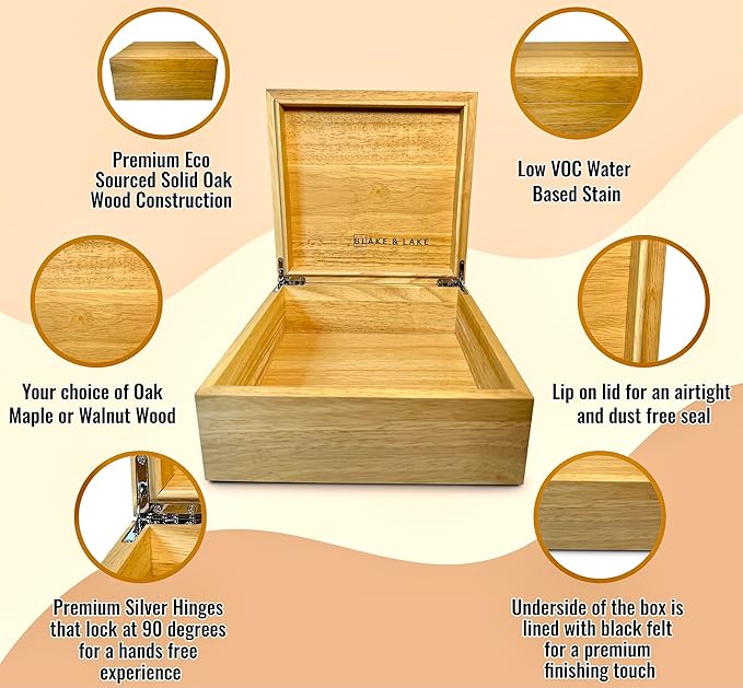 Blake & Lake Wooden Eco Box with Hinged Lid - Solid Oak Wood Storage Box with Lid - Wooden Keepsake Box - Decorative wooden boxes with lids for Keepsakes (Oak)-Ruum Studio Home