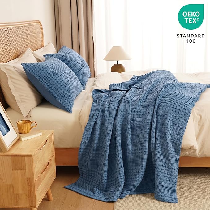 PHF 100% Cotton Waffle Weave Throw Blanket, Soft Lightweight Breathable Cozy Summer Throws for Couch Bed Sofa, Luxury Aesthetic Woven Blanket for Home Decor & Office, 50"x60", Captain's Blue-Ruum Studio Home