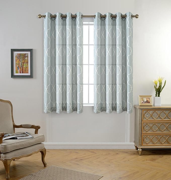MIUCO Moroccan Embroidered Semi-Sheer Curtains Faux Linen Grommet Window Panel Pair for Nursery 52 x 63 Inch, Sea Foam-Ruum Studio Home